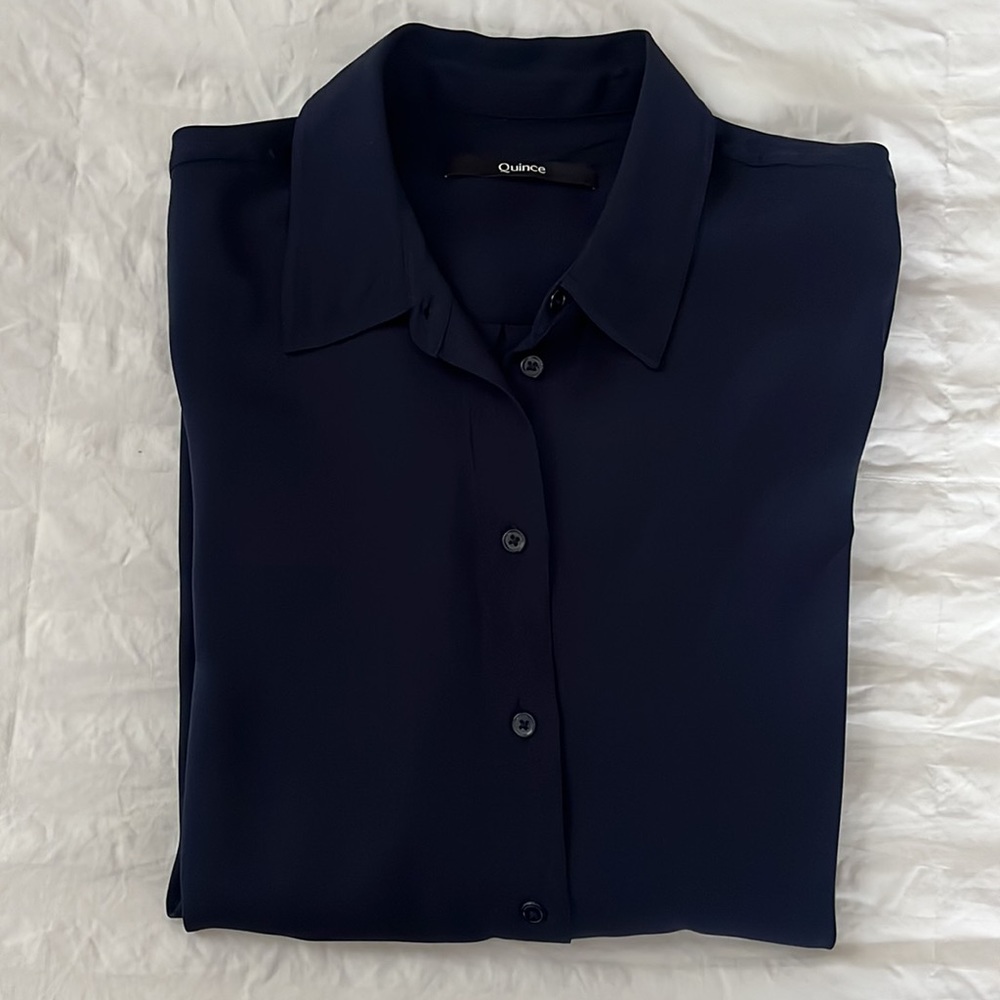 Quince Navy Blue Silk Button-Down Shirt, size Small - Picture 15 of 16